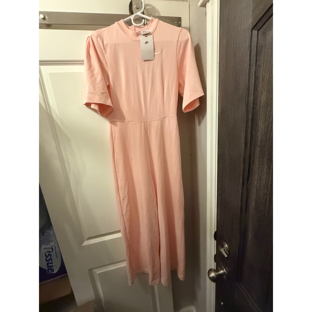 Nike Sportswear Womens Mock Neck Wide Leg Cotton Jumpsuit Pink DM6732-610 XS